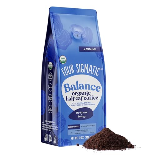 Four Sigmatic Organic Balance Adaptogen Ground Coffee | Medium Roast USDA Organic Coffee with Ashwagandha, Chaga Mushroom, Eleuthero and Tulsi | Focus and Energy Boosting Coffee | 12oz Bag