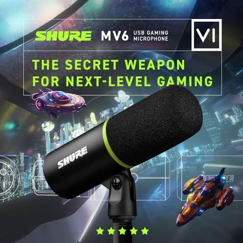 Shure MV6 Gaming Microphone, Dynamic USB PC Mic for Gaming & Streaming - Desktop Stand, Background Noise Cancellation, Tap-to-Mute & 3.5mm Output for Real-Time Headphone Monitoring