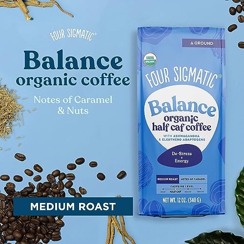 Four Sigmatic Organic Balance Adaptogen Ground Coffee | Medium Roast USDA Organic Coffee with Ashwagandha, Chaga Mushroom, Eleuthero and Tulsi | Focus and Energy Boosting Coffee | 12oz Bag