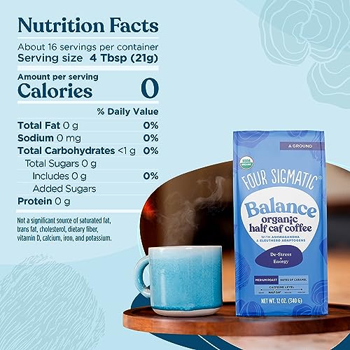 Four Sigmatic Organic Balance Adaptogen Ground Coffee | Medium Roast USDA Organic Coffee with Ashwagandha, Chaga Mushroom, Eleuthero and Tulsi | Focus and Energy Boosting Coffee | 12oz Bag