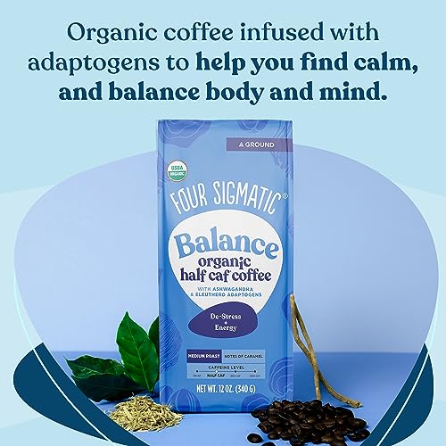 Four Sigmatic Organic Balance Adaptogen Ground Coffee | Medium Roast USDA Organic Coffee with Ashwagandha, Chaga Mushroom, Eleuthero and Tulsi | Focus and Energy Boosting Coffee | 12oz Bag