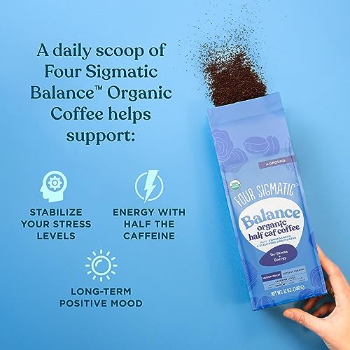 Four Sigmatic Organic Balance Adaptogen Ground Coffee | Medium Roast USDA Organic Coffee with Ashwagandha, Chaga Mushroom, Eleuthero and Tulsi | Focus and Energy Boosting Coffee | 12oz Bag