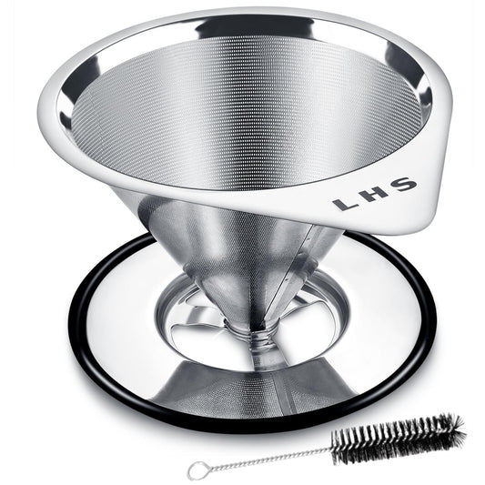 LHS Pour Over Coffee Dripper Stainless Steel Coffee Filter Metal Cone Filter Paperless Reusable Coffee Filter Single Cup Coffee Maker 1-2 Cup With Non-slip Cup Stand and Cleaning Brush