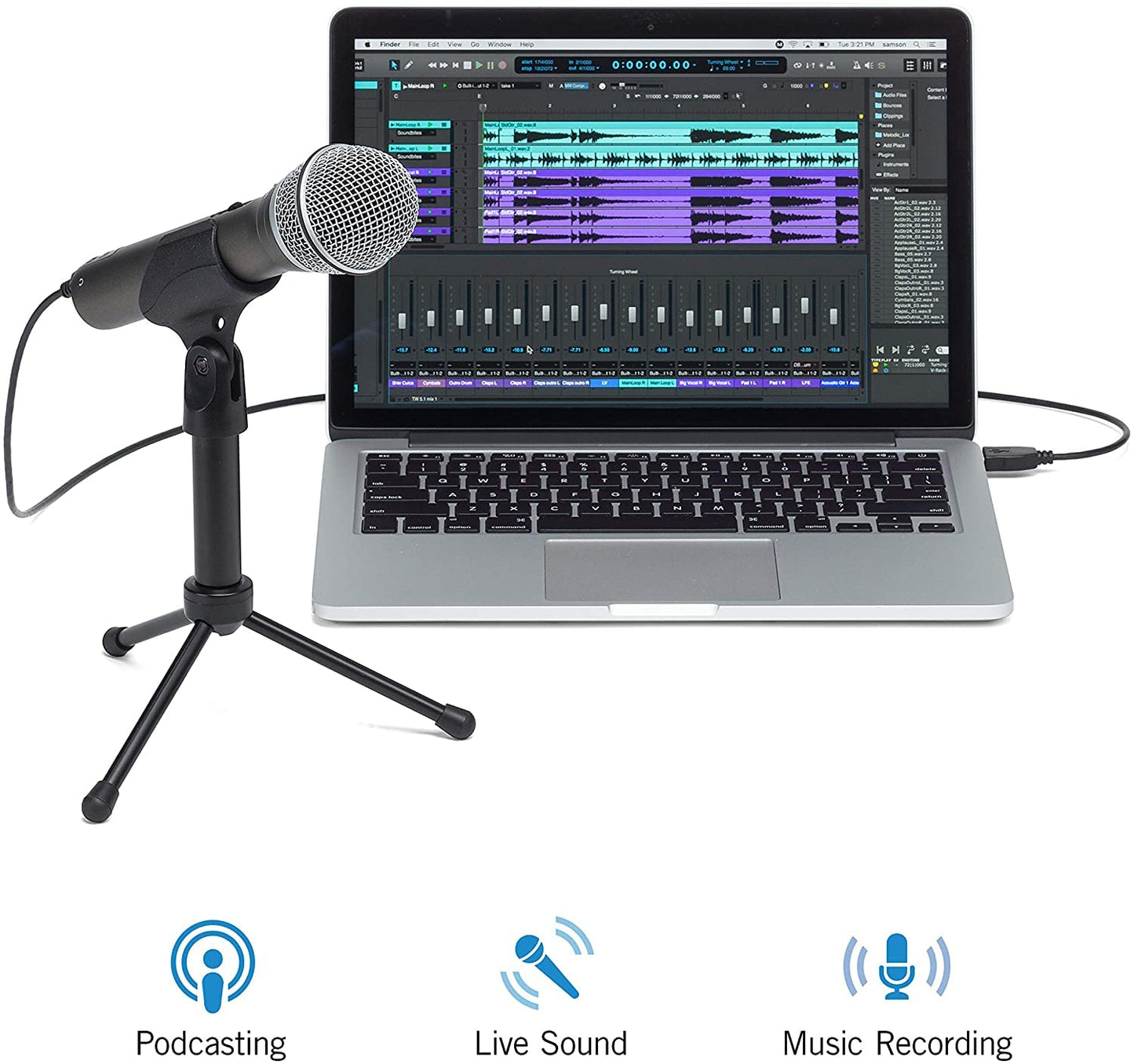 Samson Technologies Q2U USB/XLR Dynamic Microphone Recording and Podcasting Pack (Includes Mic Clip, Desktop Stand, Windscreen and Cables), Silver